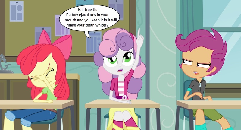 Size: 1545x832 | Tagged: questionable, artist:ohohokapi, banned from derpibooru, deleted from derpibooru, derpibooru import, edit, apple bloom, scootaloo, sweetie belle, equestria girls, classroom, clothes, desk, exploitable meme, facepalm, implied blowjob, implied cum eating, implied oral, implied sex, meme, school, sitting, skirt, stupid question, sweetie fail, sweetie's question meme, sweetiedumb, young