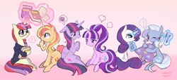 Size: 1024x467 | Tagged: safe, artist:rinn11201, banned from derpibooru, deleted from derpibooru, derpibooru import, moondancer, rarity, starlight glimmer, sunset shimmer, trixie, twilight sparkle, twilight sparkle (alicorn), alicorn, unicorn, book, counterparts, glasses, magic, magical quintet, magical sextet, twilight's counterparts