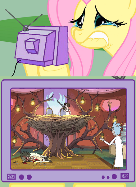 Size: 563x771 | Tagged: safe, banned from derpibooru, deleted from derpibooru, derpibooru import, bird person, crying fluttershy, exploitable meme, lip bite, meme, obligatory pony, rick and morty, tammy, tv meme