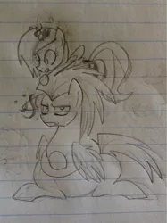 Size: 449x600 | Tagged: safe, artist:zigragirl, banned from derpibooru, deleted from derpibooru, derpibooru import, princess luna, oc, oc:cloud swarmer, alicorn, pegasus, female, filly, foal, lined paper, male, monochrome, pencil drawing, stallion, traditional art, unamused, woona, younger