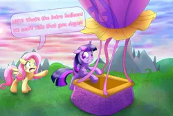 Size: 1422x957 | Tagged: safe, artist:ioncorupterx, banned from derpibooru, deleted from derpibooru, derpibooru import, fluttershy, twilight sparkle, twilight sparkle (alicorn), alicorn, pony, the hooffields and mccolts, breaking the fourth wall, dialogue, female, hot air balloon, mare, twinkling balloon