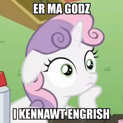Size: 500x500 | Tagged: safe, banned from derpibooru, deleted from derpibooru, derpibooru import, sweetie belle, caption, engrish, exploitable meme, image macro, meme, obligatory pony, sudden clarity sweetie belle, sweetiedumb, text