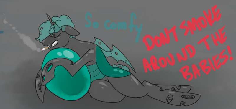 Size: 1163x538 | Tagged: safe, artist:charlie-bad-touch, banned from derpibooru, deleted from derpibooru, derpibooru import, oc, oc:left smoking changeling, unofficial characters only, changeling, cigarette, egg, smoking, solo