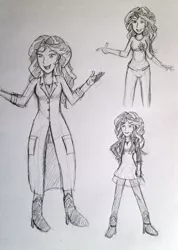 Size: 2740x3845 | Tagged: safe, artist:jklrxdk, banned from derpibooru, deleted from derpibooru, derpibooru import, sunset shimmer, equestria girls, clothes, lab coat, monochrome, sketch, sketch dump, sunset the science gal, traditional art