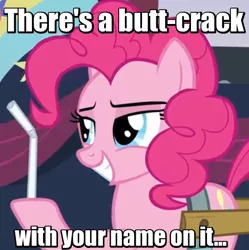 Size: 468x469 | Tagged: suggestive, banned from derpibooru, deleted from derpibooru, derpibooru import, screencap, pinkie pie, the mane attraction, caption, fernando, hook, image macro, implied anal, implied sex, meme, mischievous, nostalgia critic, solo, straw, text