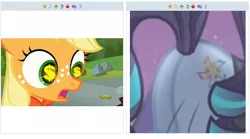 Size: 512x284 | Tagged: safe, banned from derpibooru, deleted from derpibooru, derpibooru import, screencap, applejack, coloratura, derpibooru, the mane attraction, butt, countess coloratura, dollar sign, exploitable meme, eyes on the prize, juxtaposition, juxtaposition win, meme, meta, plot, rara, wingding eyes