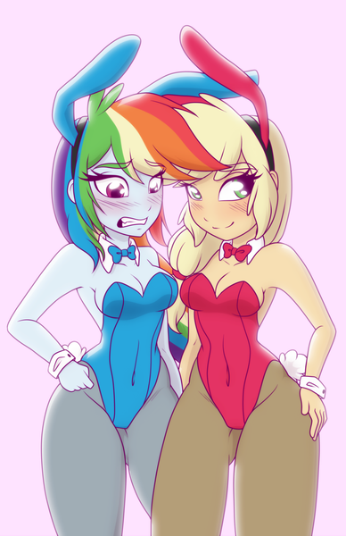 Size: 800x1236 | Tagged: suggestive, artist:ashleynicholsart, banned from derpibooru, deleted from derpibooru, derpibooru import, applejack, rainbow dash, equestria girls, armpits, blushing, breasts, bunny ears, bunny girl, bunny suit, cleavage, clothes, cuffs (clothes), duo, duo female, female, females only, image, leotard, looking at you, pantyhose, playboy, playboy bunny, playboy bunny applejack, playboy bunny rainbow dash, png, smiling, smirk