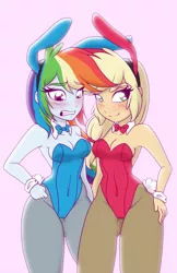 Size: 800x1236 | Tagged: suggestive, artist:ashleynicholsart, banned from derpibooru, deleted from derpibooru, derpibooru import, applejack, rainbow dash, equestria girls, armpits, blushing, breasts, bunny ears, bunny girl, bunny suit, cleavage, clothes, cuffs (clothes), duo, duo female, female, females only, image, leotard, looking at you, pantyhose, playboy, playboy bunny, playboy bunny applejack, playboy bunny rainbow dash, png, smiling, smirk