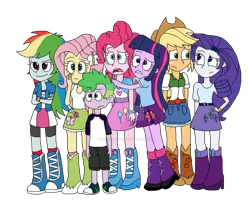 Size: 1024x838 | Tagged: safe, artist:cutsiepie95, artist:resotii, banned from derpibooru, deleted from derpibooru, derpibooru import, applejack, fluttershy, pinkie pie, rainbow dash, rarity, spike, twilight sparkle, human, equestria girls, equestria girls-ified, hug, human spike, humanized, mane six