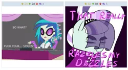 Size: 565x310 | Tagged: safe, banned from derpibooru, deleted from derpibooru, derpibooru import, coloratura, vinyl scratch, derpibooru, spoiler:s05, exploitable meme, juxtaposition, juxtaposition win, meme, meta, rara