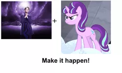 Size: 1159x693 | Tagged: safe, banned from derpibooru, deleted from derpibooru, derpibooru import, starlight glimmer, erica kravid, exploitable meme, heroes, heroes reborn, make it happen, meme