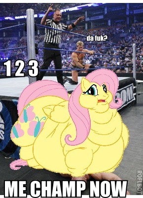 Size: 290x402 | Tagged: safe, banned from derpibooru, deleted from derpibooru, derpibooru import, edit, fluttershy, caption, fat, fattershy, image macro, lordryu fat edit, morbidly obese, obese, text, wwe