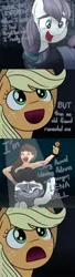 Size: 1000x3667 | Tagged: safe, artist:amarcato, banned from derpibooru, deleted from derpibooru, derpibooru import, applejack, coloratura, human, the mane attraction, clothes, comic, costume, crying, :d, d:, disguise, lena hall, literal, open mouth, pun, rara, tears of joy, tony the tiger, voice actor joke