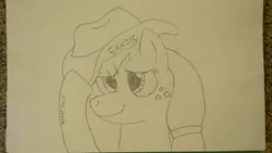 Size: 3264x1840 | Tagged: safe, artist:innauth, banned from derpibooru, deleted from derpibooru, derpibooru import, applejack, carpet, female, hat tip, pencil drawing, sketch, solo, traditional art