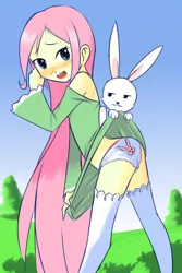 Size: 720x1080 | Tagged: suggestive, artist:drantyno, banned from derpibooru, deleted from derpibooru, derpibooru import, edit, angel bunny, fluttershy, equestria girls, angel is a bunny bastard, angelshy, assisted exposure, blushing, bunny print underwear, clothes, dress, embarrassed, embarrassed underwear exposure, eqg recolor, female, frilly underwear, humiliation, interspecies, male, panties, pony coloring, recolor, shipping, skirt, skirt lift, straight, underwear, upskirt, white underwear