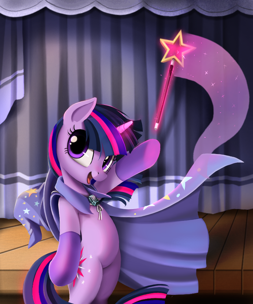 Size: 750x900 | Tagged: safe, artist:ponykillerx, banned from derpibooru, deleted from derpibooru, derpibooru import, twilight sparkle, pony, unicorn, bipedal, cape, clothes, cropped, curtain, female, glowing horn, happy, hat, horn, image, lesbian, levitation, magic, png, shipping, smiling, socks, solo, stage, telekinesis, trixie's cape, trixie's hat, unicorn twilight, wand