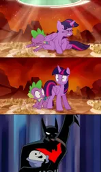 Size: 607x1024 | Tagged: safe, banned from derpibooru, deleted from derpibooru, derpibooru import, screencap, spike, twilight sparkle, twilight sparkle (alicorn), alicorn, dragon, the cutie re-mark, alternate timeline, backpack, batman, batman beyond, meme, the egg baby, tirek's timeline, tongue out, twilight sees the future