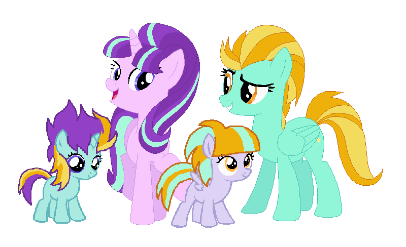 Size: 800x488 | Tagged: safe, banned from derpibooru, deleted from derpibooru, derpibooru import, lightning dust, starlight glimmer, oc, oc:liac cloud, oc:starshock, "artist":mockingjaybases, female, lesbian, magical lesbian spawn, offspring, parent:lightning dust, parents:stardust, parent:starlight glimmer, shipping, simple background, stardust (pairing), white background