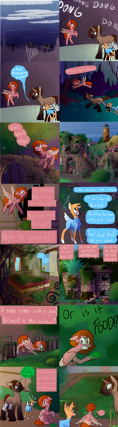 Size: 1570x5639 | Tagged: safe, artist:charlie-bad-touch, banned from derpibooru, deleted from derpibooru, derpibooru import, oc, oc:dove, oc:peachy keen, oc:tangor, unofficial characters only, deer, pegasus, pony, unicorn, abandoned, angry, comic, crying, cyoa:blankflank quest, dialogue, mental breakdown, ponyville, ringing bell, ruins, sobbing, speech bubble
