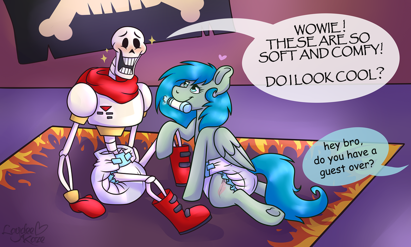 Size: 1920x1152 | Tagged: questionable, artist:laydeekaze, banned from derpibooru, deleted from derpibooru, derpibooru import, oc, oc:kaze, crossover, diaper, diaper fetish, fetish, papyrus, papyrus (undertale), undertale