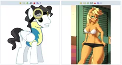 Size: 517x275 | Tagged: suggestive, artist:scribbsie, artist:skecchiart, banned from derpibooru, deleted from derpibooru, derpibooru import, applejack, mercury, milky way, starry eyes (character), anthro, derpibooru, wonderbolts academy, breasts, busty applejack, clothes, exploitable meme, juxtaposition, juxtaposition win, meme, meta, starry eyes, undressing, uniform, wingding eyes, wonderbolt trainee uniform