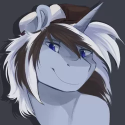 Size: 413x415 | Tagged: safe, artist:cyanocitta-blattidae, banned from derpibooru, deleted from derpibooru, derpibooru import, oc, oc:taylorpone, unicorn, beanie, bust, hat, icon, portrait