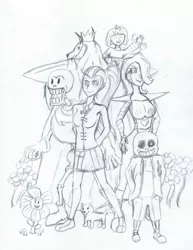 Size: 2550x3300 | Tagged: safe, artist:killerkool99, banned from derpibooru, deleted from derpibooru, derpibooru import, sonata dusk, asgore dreemurr, crossover, flowey, mettaton, monochrome, papyrus, papyrus (undertale), sans (undertale), undertale