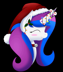 Size: 2000x2283 | Tagged: safe, artist:emerlees, banned from derpibooru, deleted from derpibooru, derpibooru import, oc, oc:storybook, animated, blushing, christmas, christmas lights, cute, hat, holiday, mistletoe, profile, santa claus, santa hat