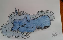 Size: 2284x1448 | Tagged: safe, artist:tummywubs, banned from derpibooru, deleted from derpibooru, derpibooru import, princess luna, alicorn, pony, colored, colored sketch, cute, eyes closed, floppy ears, hand drawing, pen, pencil drawing, prone, sketch, sleeping, sleepy, solo, traditional art