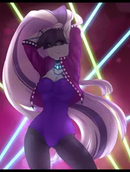 Size: 1500x2000 | Tagged: suggestive, artist:harmoniousrain, banned from derpibooru, deleted from derpibooru, derpibooru import, coloratura, anthro, the mane attraction, breasts, busty coloratura, cleavage, clothes, concert, countess coloratura, female, leotard, pose, sexy, solo