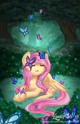 Size: 990x1530 | Tagged: safe, artist:abbystarling, banned from derpibooru, deleted from derpibooru, derpibooru import, fluttershy, butterfly, eyes closed, prone, solo