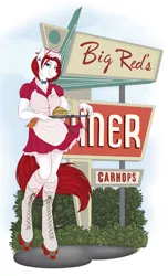 Size: 3653x6006 | Tagged: safe, artist:phathusa, banned from derpibooru, deleted from derpibooru, derpibooru import, oc, oc:big red, anthro, unguligrade anthro, alcohol, beer, bowtie, breasts, burger, carhop, clothes, diner, diner uniform, food, hat, hay burger, retro, roller skates, skirt, smiling