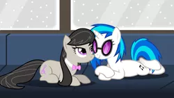 Size: 1920x1080 | Tagged: safe, artist:chameleonman55, banned from derpibooru, deleted from derpibooru, derpibooru import, octavia melody, vinyl scratch, boop, couch, female, lesbian, noseboop, scratchtavia, shipping, snow, snowfall