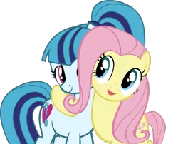 Size: 1973x1593 | Tagged: safe, artist:shootingstarajm, banned from derpibooru, deleted from derpibooru, derpibooru import, edit, edited edit, fluttershy, sonata dusk, ponified, earth pony, pony, cute, happy, hug, ponytail, smiling, vector