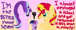 Size: 4808x1896 | Tagged: safe, artist:bubbly-storm, banned from derpibooru, deleted from derpibooru, derpibooru import, starlight glimmer, sunset shimmer, twilight sparkle, twilight sparkle (alicorn), alicorn, pony, equestria girls, discussion, drama, drama bait, skub wars, starlight drama, sunset vs starlight debate