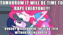 Size: 610x343 | Tagged: suggestive, banned from derpibooru, deleted from derpibooru, derpibooru import, pinkie pie, twilight sparkle, equestria girls, 2016, caption, image macro, implied rape, meme, not funny, text