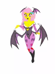 Size: 1536x2048 | Tagged: suggestive, artist:killerkool99, banned from derpibooru, deleted from derpibooru, derpibooru import, fluttershy, bat pony, human, bat ponified, bat wings, breasts, cleavage, clothes, cosplay, costume, female, flutterbat, humanized, morrigan aensland, race swap, solo, wings