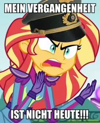 Size: 488x600 | Tagged: safe, banned from derpibooru, deleted from derpibooru, derpibooru import, screencap, sunset shimmer, caption, german, image macro, meme, nazi, sunset fuhrer, text