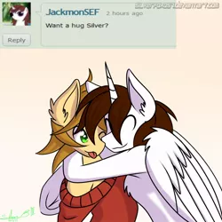 Size: 894x894 | Tagged: safe, artist:silverfox057, banned from derpibooru, deleted from derpibooru, derpibooru import, oc, oc:miles, oc:silverblaze, alicorn, alicorn oc, ask, clothes, cute, deviantart, duo, horn, hug, question, sweater, tongue out, wings