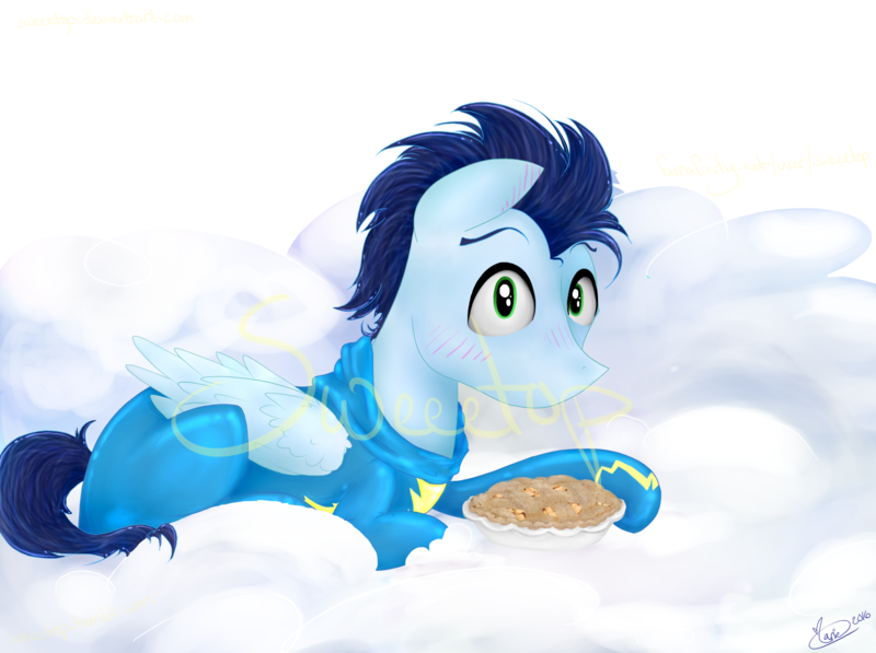 Size: 1660x1238 | Tagged: safe, artist:sweeetop, banned from derpibooru, deleted from derpibooru, derpibooru import, soarin', pegasus, pony, food, pie, solo, that pony sure does love pies