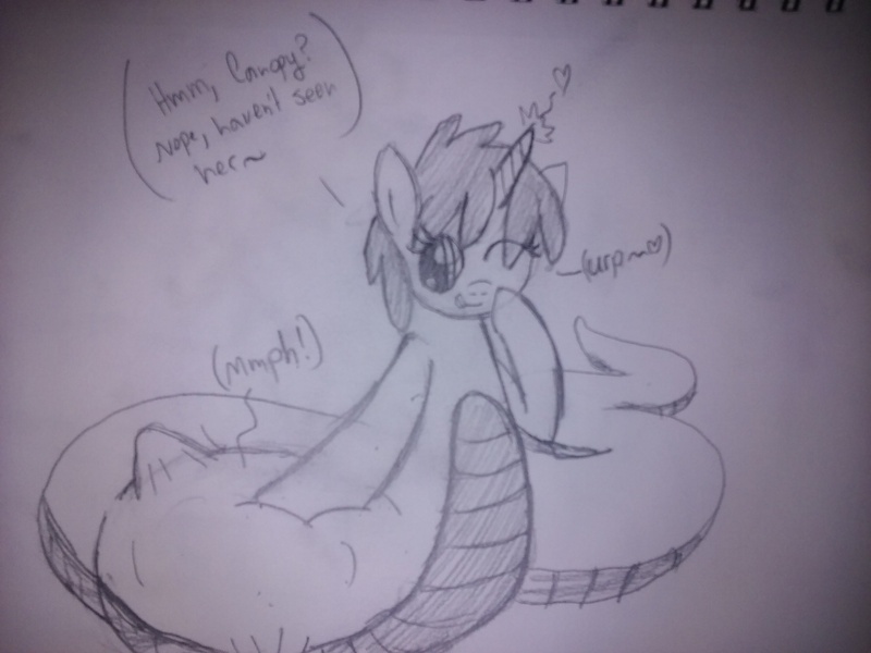 Size: 2560x1920 | Tagged: questionable, artist:pokeman-114, banned from derpibooru, deleted from derpibooru, derpibooru import, oc, oc:miku, unofficial characters only, lamia, original species, unicorn, belly, burp, female, heart, monochrome, traditional art, vore