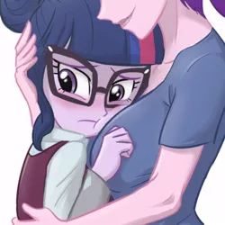 Size: 500x500 | Tagged: safe, artist:ta-na, banned from derpibooru, deleted from derpibooru, derpibooru import, princess cadance, sci-twi, twilight sparkle, equestria girls, friendship games, blushing, boob smothering, breasts, busty princess cadance, clothes, cropped, crystal prep academy, crystal prep academy uniform, dean cadance, female, frown, glasses, hug, implied lesbian, implied shipping, implied twidance, lesbian, looking away, school uniform, shipping, smiling, smothering, twidance