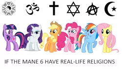 Size: 1366x768 | Tagged: safe, banned from derpibooru, deleted from derpibooru, derpibooru import, applejack, fluttershy, pinkie pie, rainbow dash, rarity, twilight sparkle, anarchism, anarchy, background pony strikes again, christianity, drama bait, here we go again, hinduism, image, islam, judaism, not this shit again, op has started shit, png, religion, taoism
