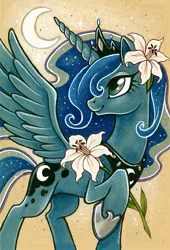 Size: 379x557 | Tagged: safe, artist:patchwerk-kw, banned from derpibooru, deleted from derpibooru, derpibooru import, princess luna, flower, lily (flower), modified accessory, moon, solo