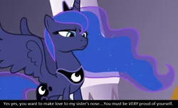 Size: 798x486 | Tagged: suggestive, banned from derpibooru, deleted from derpibooru, derpibooru import, screencap, princess luna, bronybait, crystal empire, double nostrils, frown, glare, meta, nostril fetish, solo, spread wings, wings