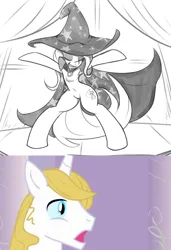 Size: 738x1082 | Tagged: safe, artist:reiduran, banned from derpibooru, deleted from derpibooru, derpibooru import, edit, editor:jdueler11, screencap, prince blueblood, trixie, aroused, belly button, bluetrix, cape, chest fluff, clothes, dancing, exotic dancer, female, hat, male, shipping, straight, trixie's cape, trixie's hat