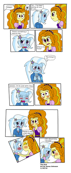 Size: 1024x2507 | Tagged: safe, artist:resotii, banned from derpibooru, deleted from derpibooru, derpibooru import, adagio dazzle, trixie, equestria girls, blushing, comic, female, kissing, lesbian, shipping, triagio