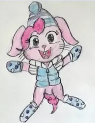 Size: 234x301 | Tagged: safe, artist:jklrxdk, banned from derpibooru, deleted from derpibooru, derpibooru import, pinkie pie, rabbit, animal, bunnified, clothes, smiling, solo, species swap, traditional art, winter outfit