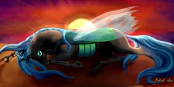 Size: 1024x512 | Tagged: suggestive, artist:astralanomaly, banned from derpibooru, deleted from derpibooru, derpibooru import, queen chrysalis, beach, bedroom eyes, lying down, semi-realistic, solo, sunset