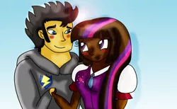 Size: 1736x1066 | Tagged: safe, artist:t-mack56, banned from derpibooru, deleted from derpibooru, derpibooru import, flash sentry, twilight sparkle, human, alternate costumes, blushing, dark skin, female, flashlight, holding hands, humanized, interracial, male, shipping, simple background, straight